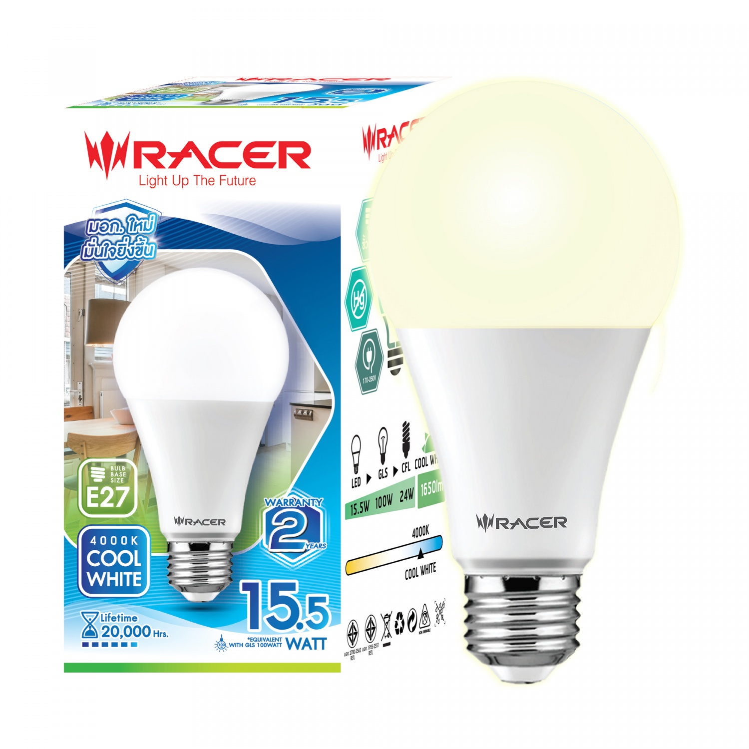 RACER หลอดไฟ แอลอีดี 15.5วัตต์ รุ่นแสงนวล A65 ขั้ว E27
