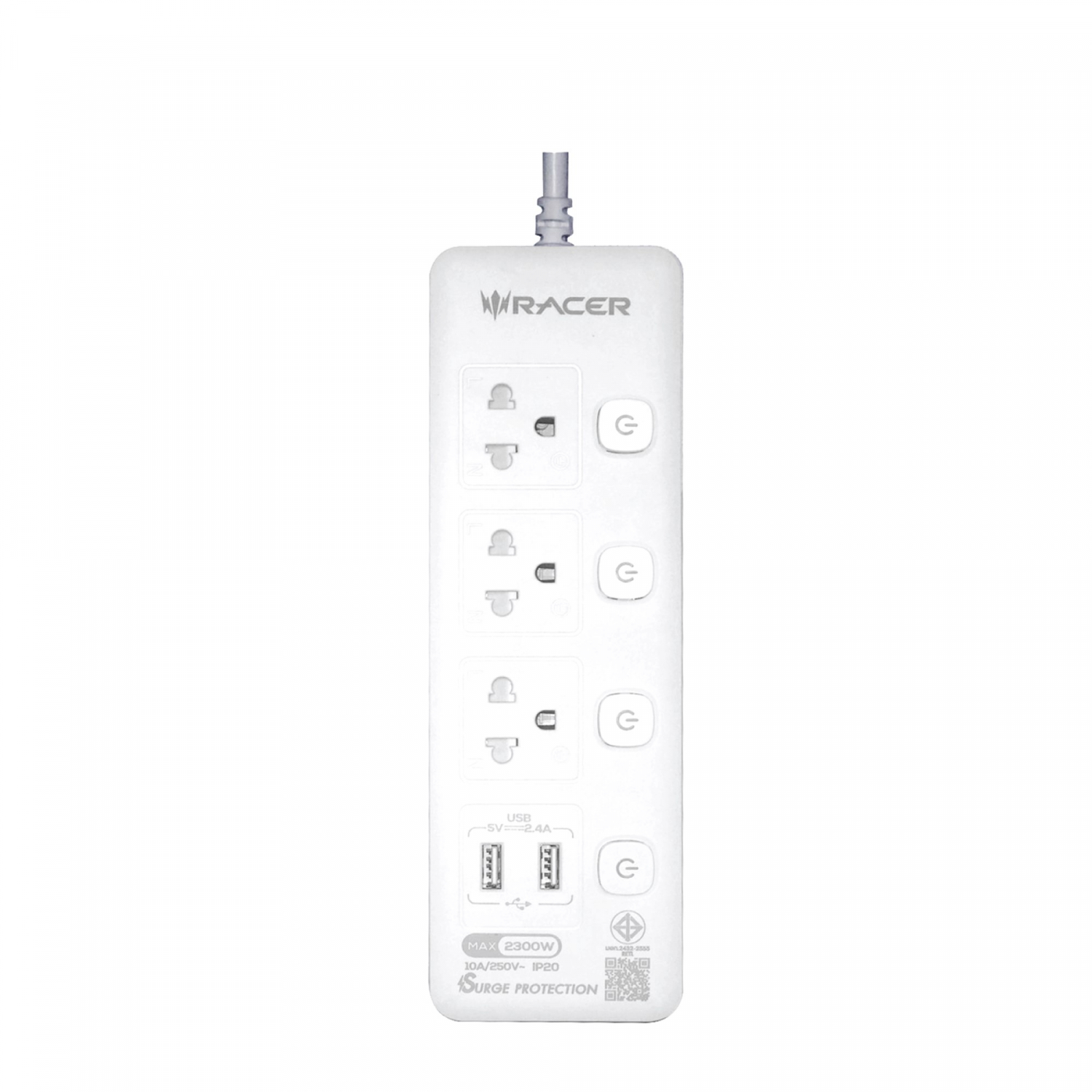 RACER รางปลั๊กไฟ 3 ช่อง 1 USB-A 1C 10A 2300W 250V ยาว 3 เมตร 