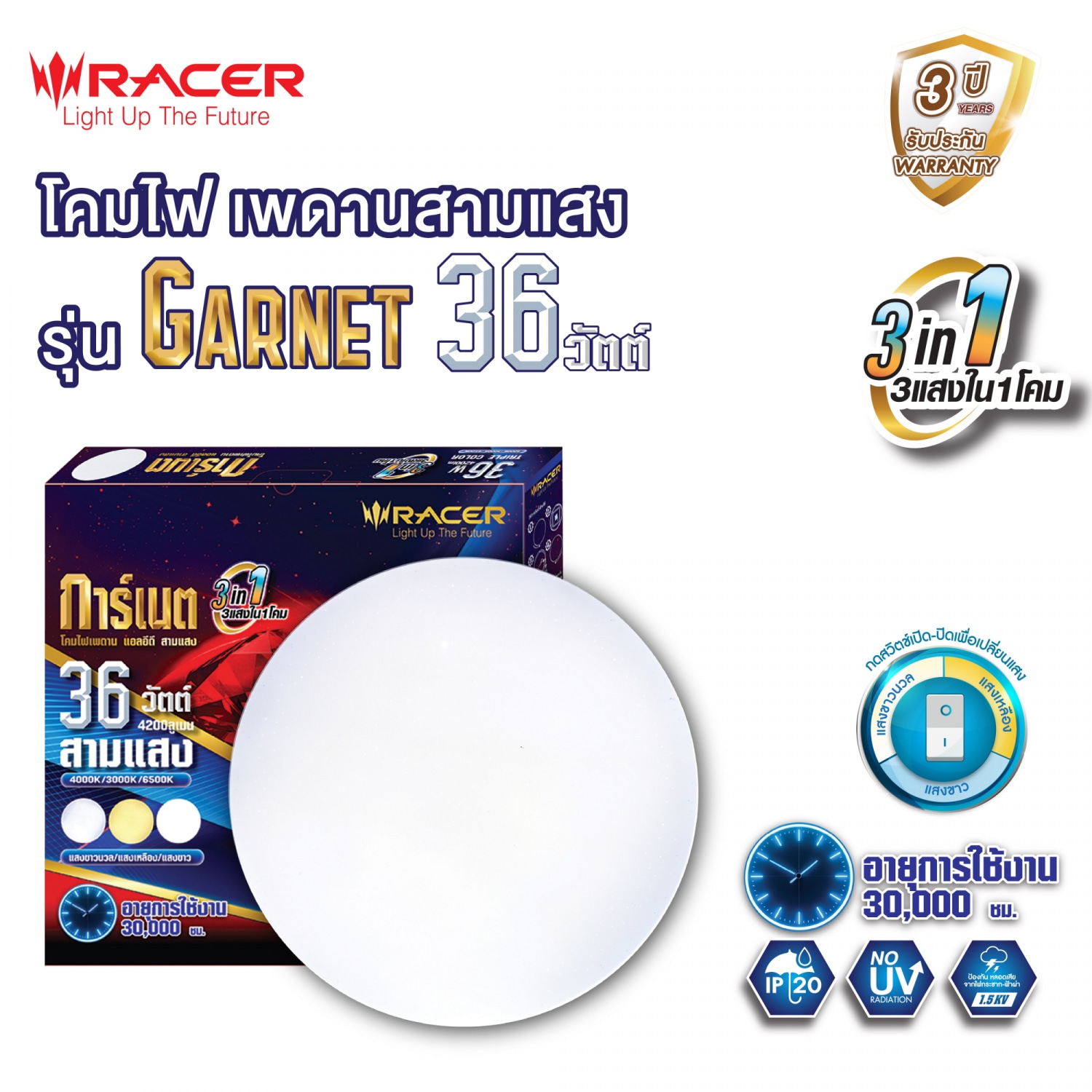RACER โคมไฟเพดาน แอลอีดี สามแสง 36 วัตต์ รุ่น การ์เนต 02