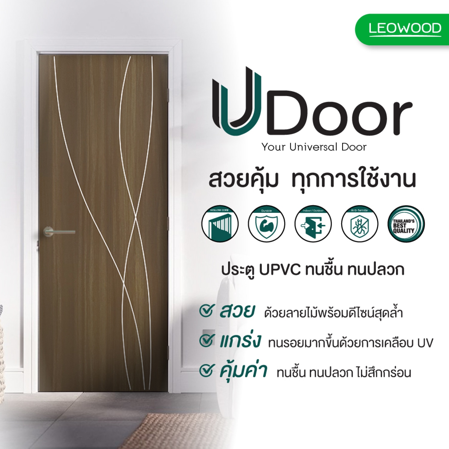 LEO WOOD ประตู UDoor UPVC ลาย G4 ขนาด 3.5x90x200 ซม.  สี Brownie Oak