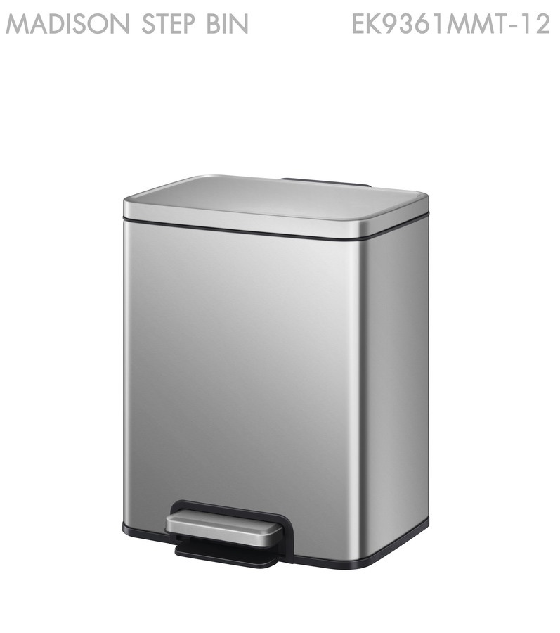 EKO ถังขยะสเตนเลสเหยียบเหลี่ยม 12 ลิตร รุ่น MADISON EK9361MMT-12 ขนาด 27.70x25.90x39.50 ซม. สีเงิน