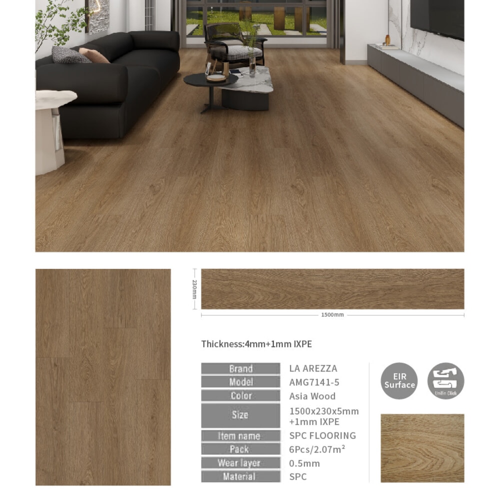 แผ่นปูพื้น SPC Click lock 230x1500x5มม +1มม IXPE  รุ่น AMG7141-5 สี asia wood (2.07ตรม./6แผ่น)