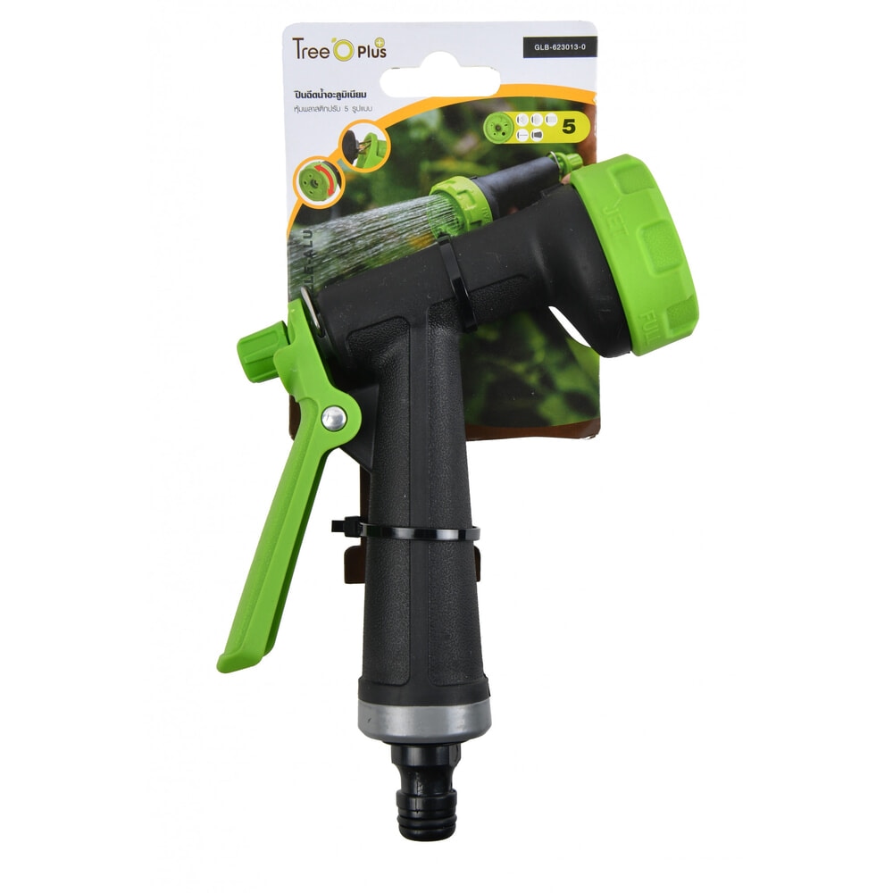 Tree O Plus ปืนฉีดน้ำอลูมิเนียมหุ้มพลาสติกปรับ5รูปแบบ รุ่นGLB-623013-0 สีเขียวดำ