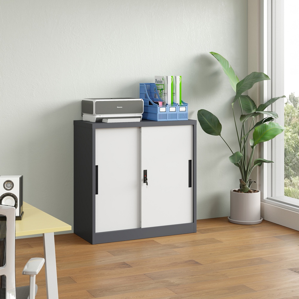 SMITH ตู้เก็บเอกสารแบบทึบบานเลื่อน รุ่น Arlo ขนาด 40x90x90ซม. สีขาว-เทา