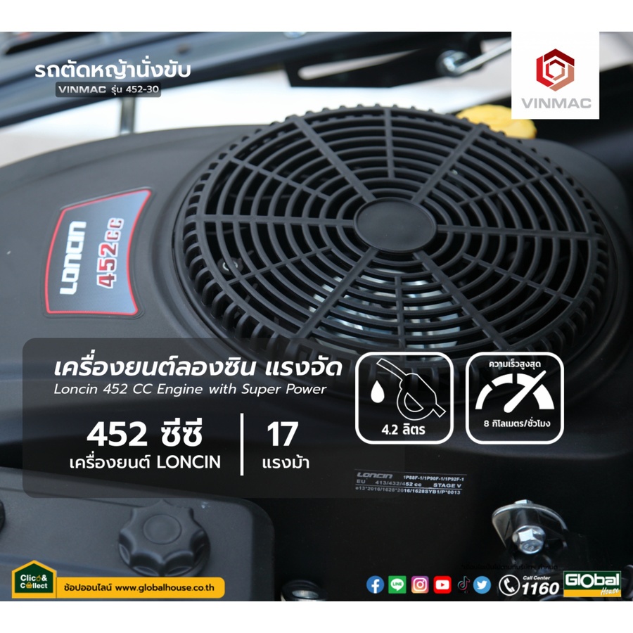 VINMAC รถตัดหญ้านั่งขับ 452CC. รุ่น 452-30 ขนาดใบมีด30นิ้ว สีเทาดำ