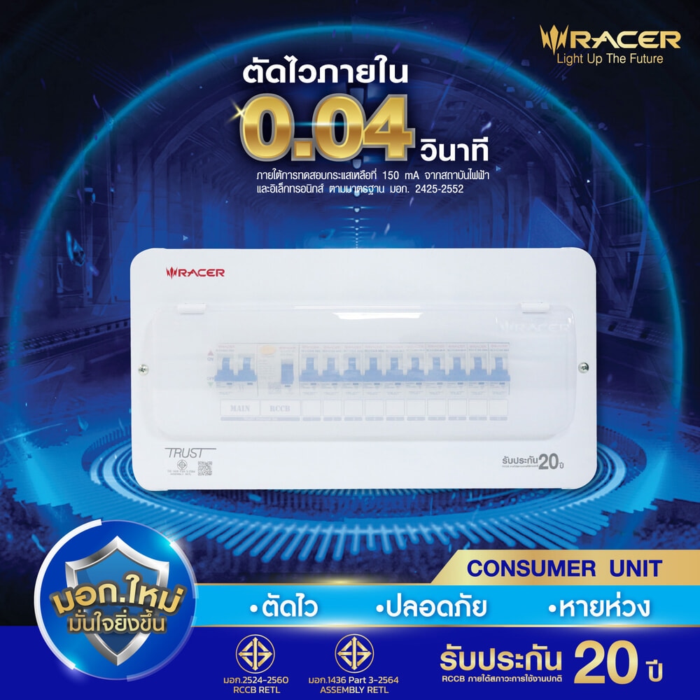 RACER ตู้คอนซูเมอร์เซ็ทสำเร็จ 10 ช่อง 63A Premium มีกันดูด