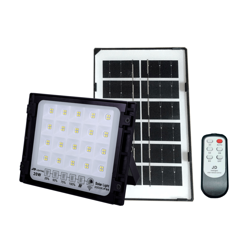 JD โคมไฟสปอร์ตไลท์โซลาร์เซลล์ 20W พร้อมรีโมท รุ่นJTGD-8820W+รีโมท IP65 แสงวอร์มไวท์