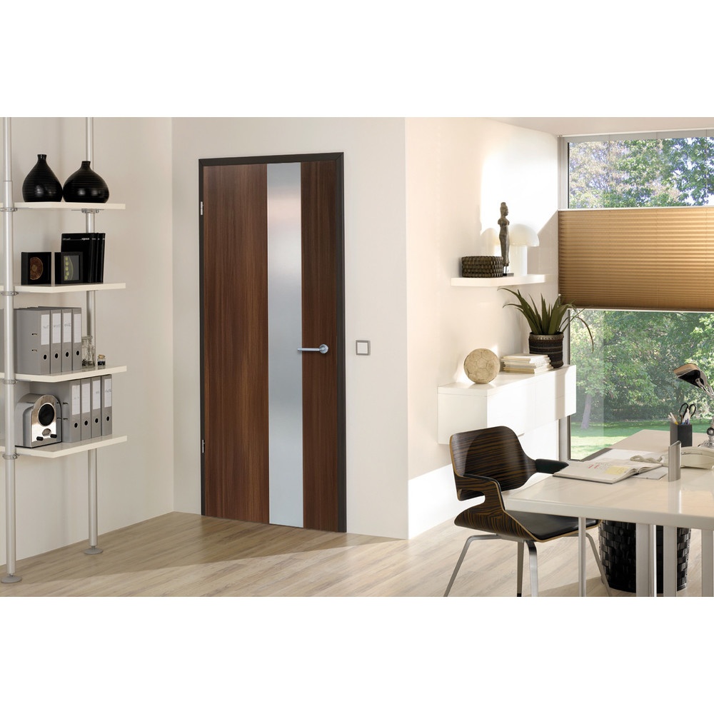 LEOWOOD ประตูปิดผิวเมลามีน iDoor Premium Metal Line เส้นใหญ่/สีเงิน 1เส้น 80x200ซม. สีมะฮอกกานี