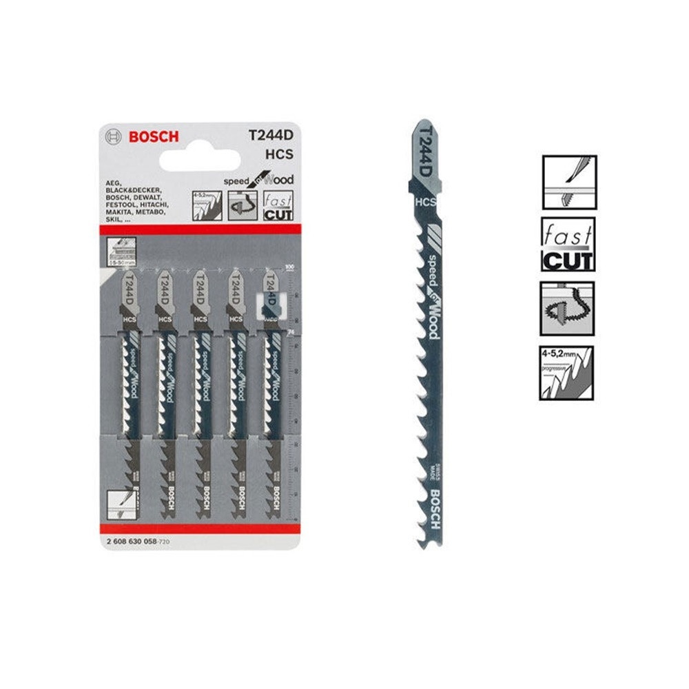 BOSCH ใบเลื่อยจิ๊กซอร์ ตัดไม้โค้ง  รุ่น T244D (5 ใบ/แผง)