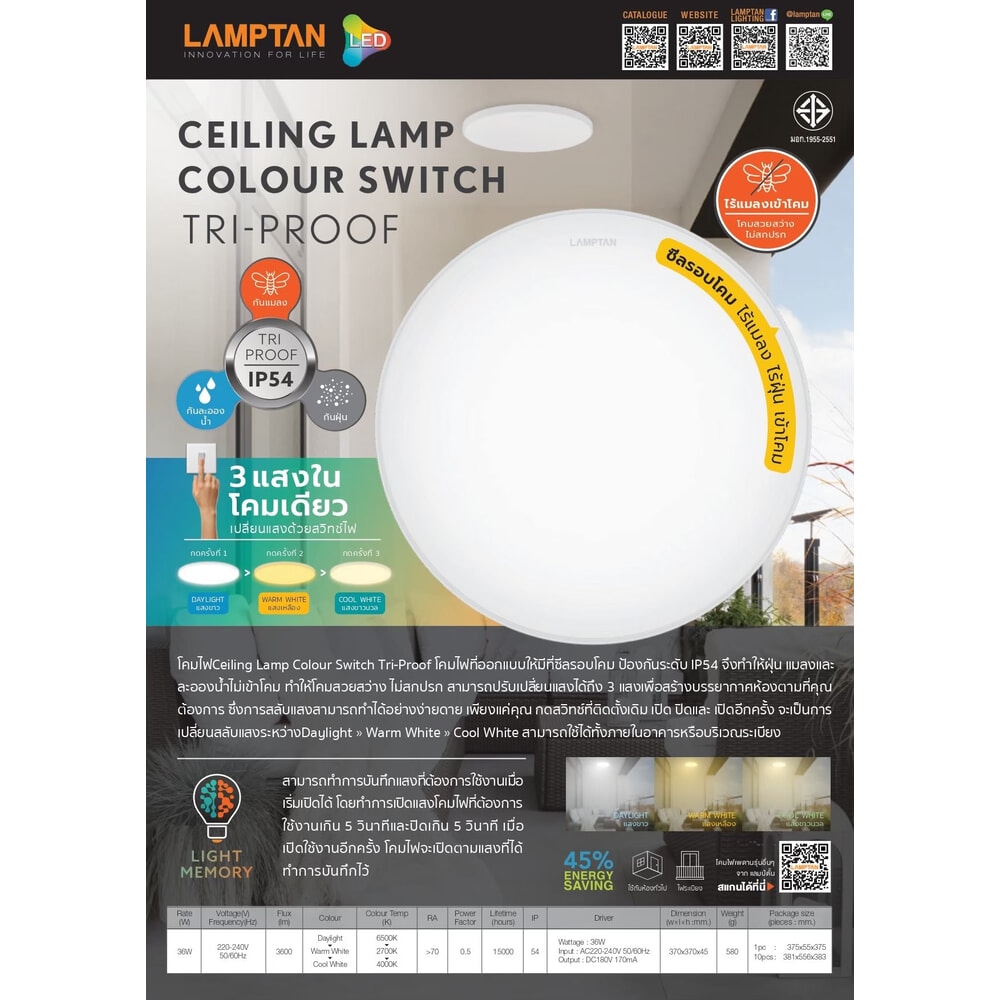 LAMPTAN โคมไฟเพดาน LED 36W รุ่น Tri-Proof ปรับได้ 3 แสง
