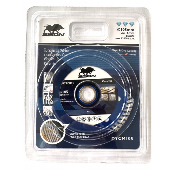 BISON ใบตัดเพชร 4"x1.2x7x20-16mm Turbo กระเบื้องเซรามิค ตัดแห้ง-น้ำ รุ่น DTCM105