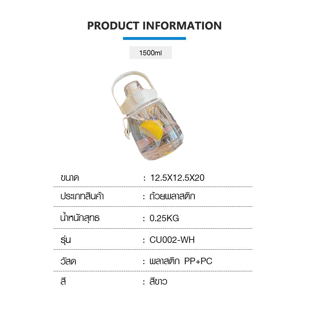 ขวดน้ำพลาสติก  1.5 ลิตร ขนาด 12.5x12.50x20 ซม.สีขาว