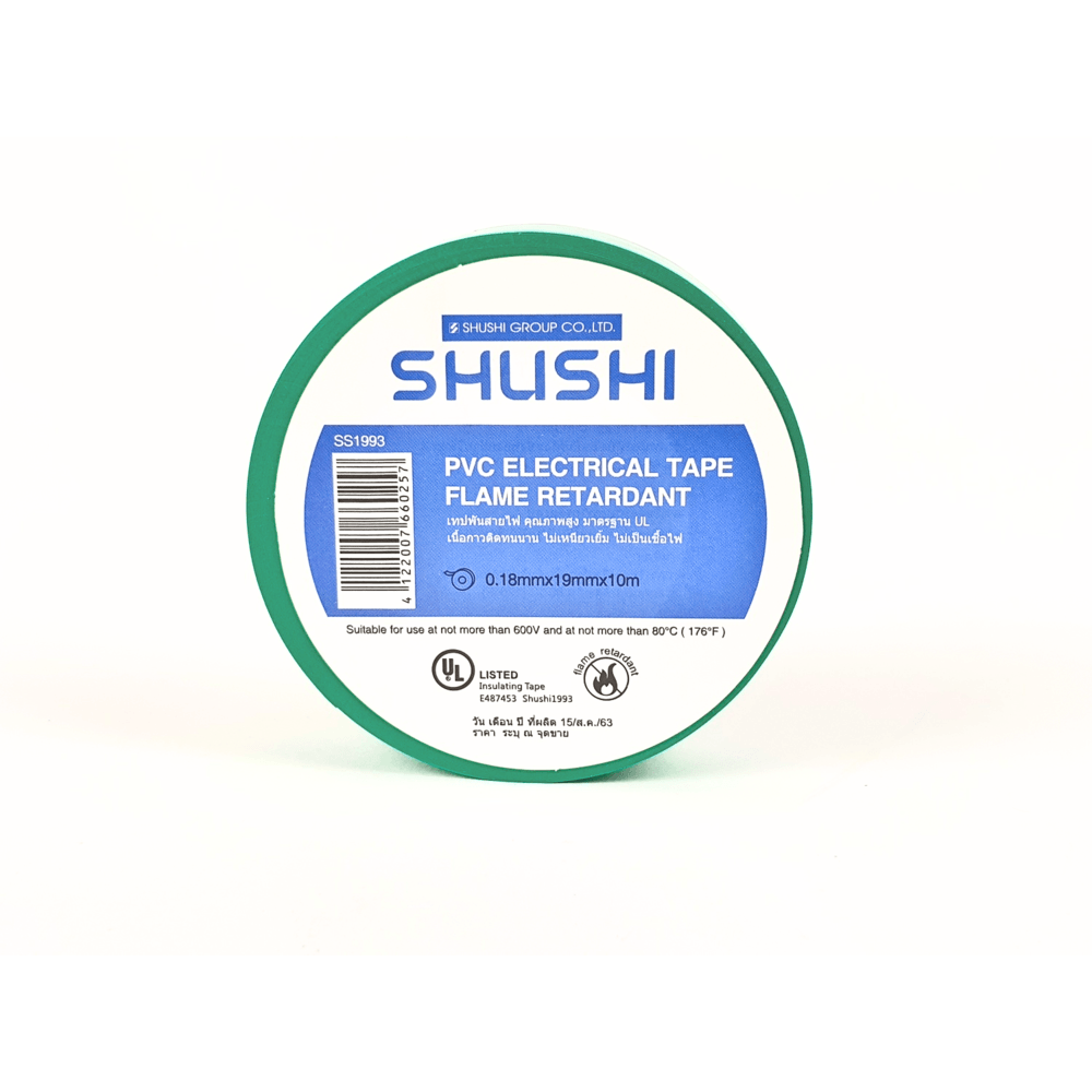 SHUSHI เทปพันสายไฟทั่วไป ¾” 0.18mm ยาว 10m รุ่น SS1993-106 green