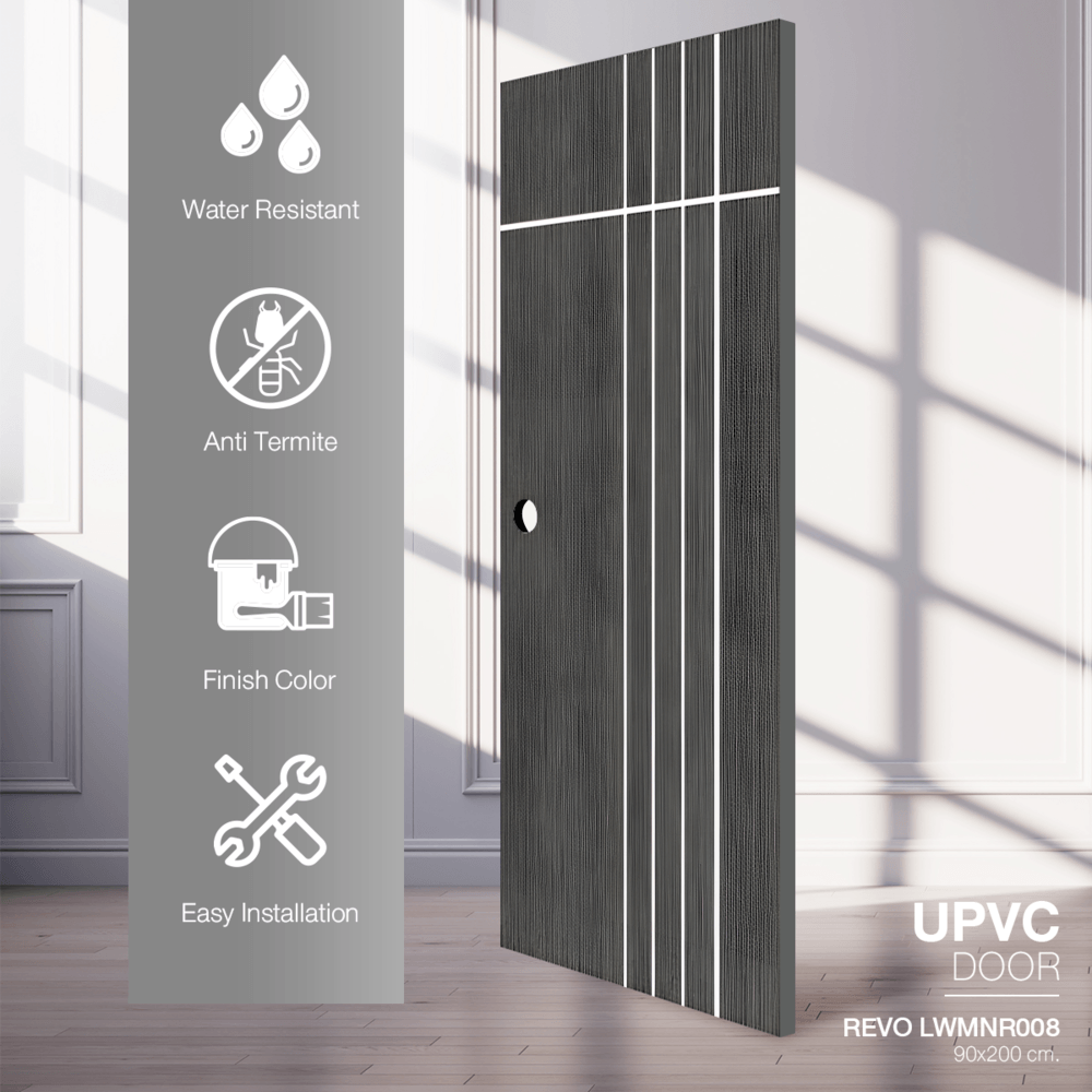 WELLINGTAN ประตูยูพีวีซีปิดผิวลามิเนต บานทึบเซาะร่อง REVO LWMNR008 90x200ซม. GRAY OAK (เจาะรูลูกบิด)