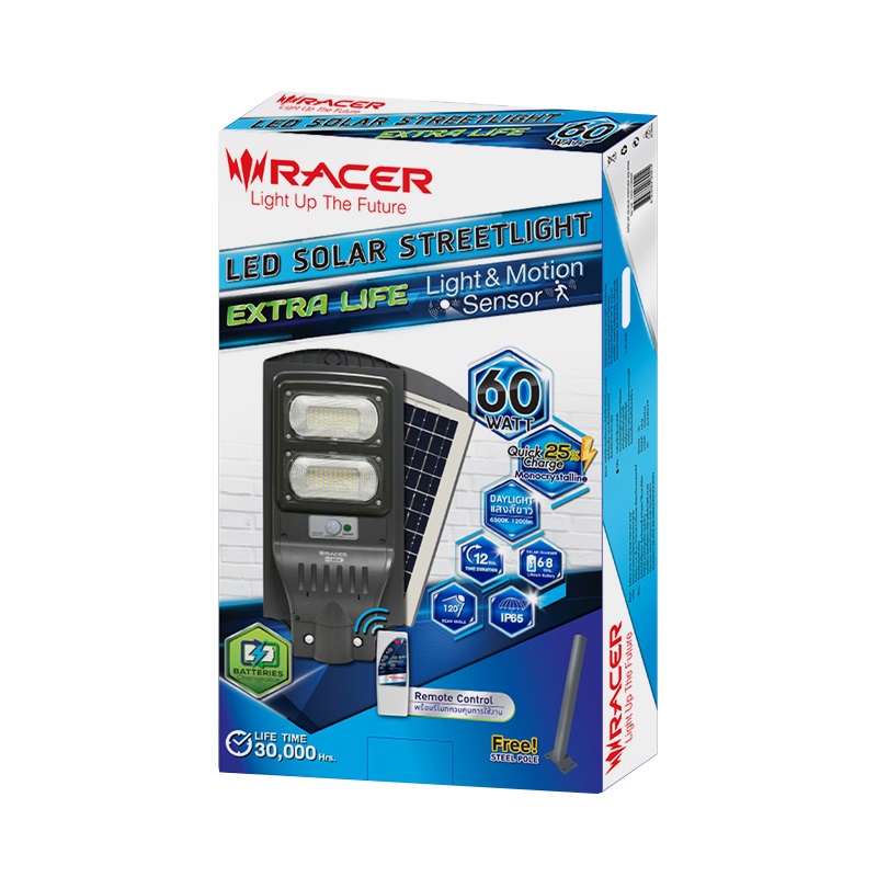RACER โคมไฟถนนโซลาร์เซลล์ LED 60W DL 6500K รุ่นเอ็กซ์ตร้าไลฟ์ แสงเดย์ไลท์