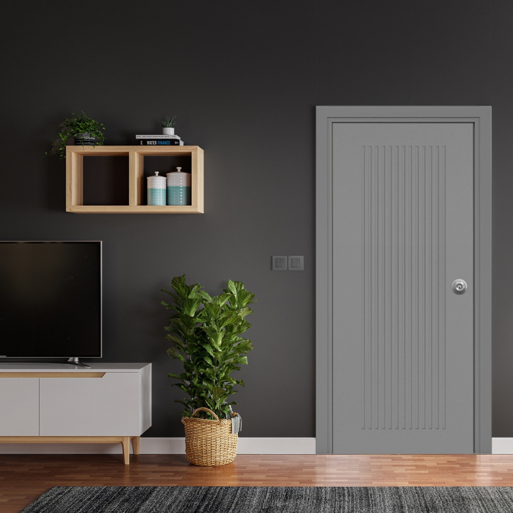 WELLINGTAN ประตู uPVC  ภายนอก แว๊คร่อง ผิว Revo รุ่น WJR006 ขนาด 80x200 ซม. สีเทา (เจาะรูลูกบิด)