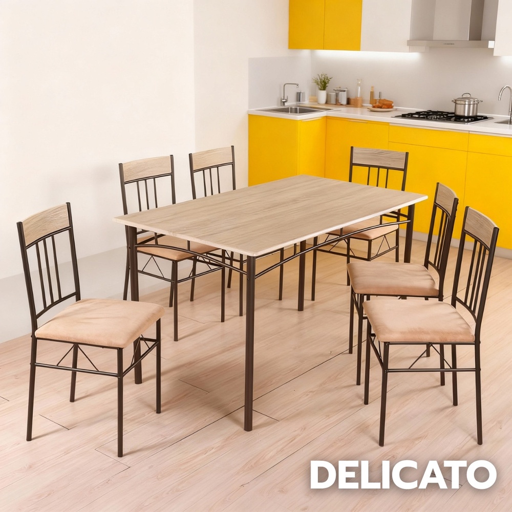 DELICATO ชุดโต๊ะอาหาร 6 ที่นั่ง รุ่น BROWN โต๊ะ : 140X80X75 ซม. เก้าอี้ : 38X42X85 ซม. สีน้ำตาลอ่อน