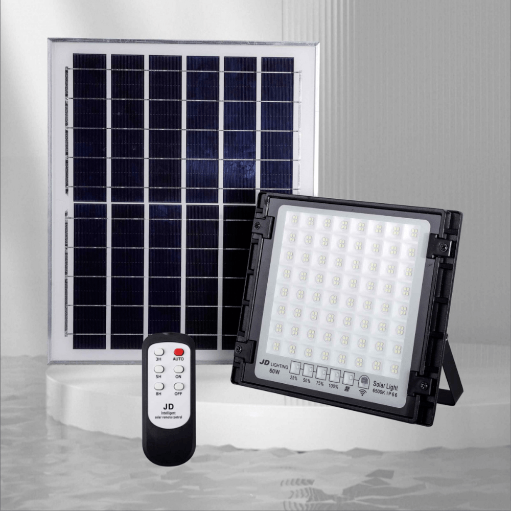 JD โคมไฟสปอร์ตไลท์โซลาร์เซลล์ 60W พร้อมรีโมท รุ่นJTGD-8860D +รีโมท IP65 แสงเดย์ไลท์
