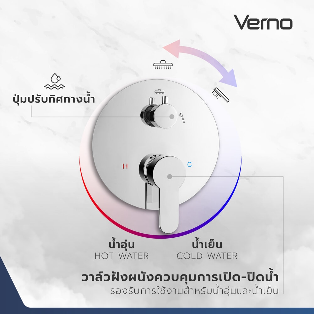Verno ชุดวาล์วฝังผนังพร้อมฝักบัวสายอ่อน 1 ระบบ รุ่น Rainy-CH สีโครม