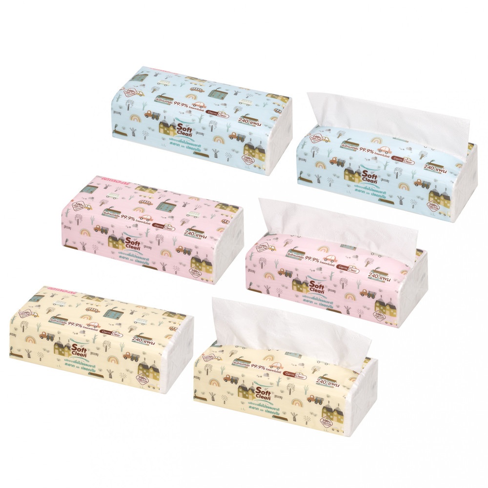 MIAO AI กระดาษทิชชู่พกพา ลายการ์ตูนแบบยาว 3 ชั้น ขนาด17.7x15.5x4.8 cm.รุ่น J240 (240x5 แผ่น/แพ็ค)