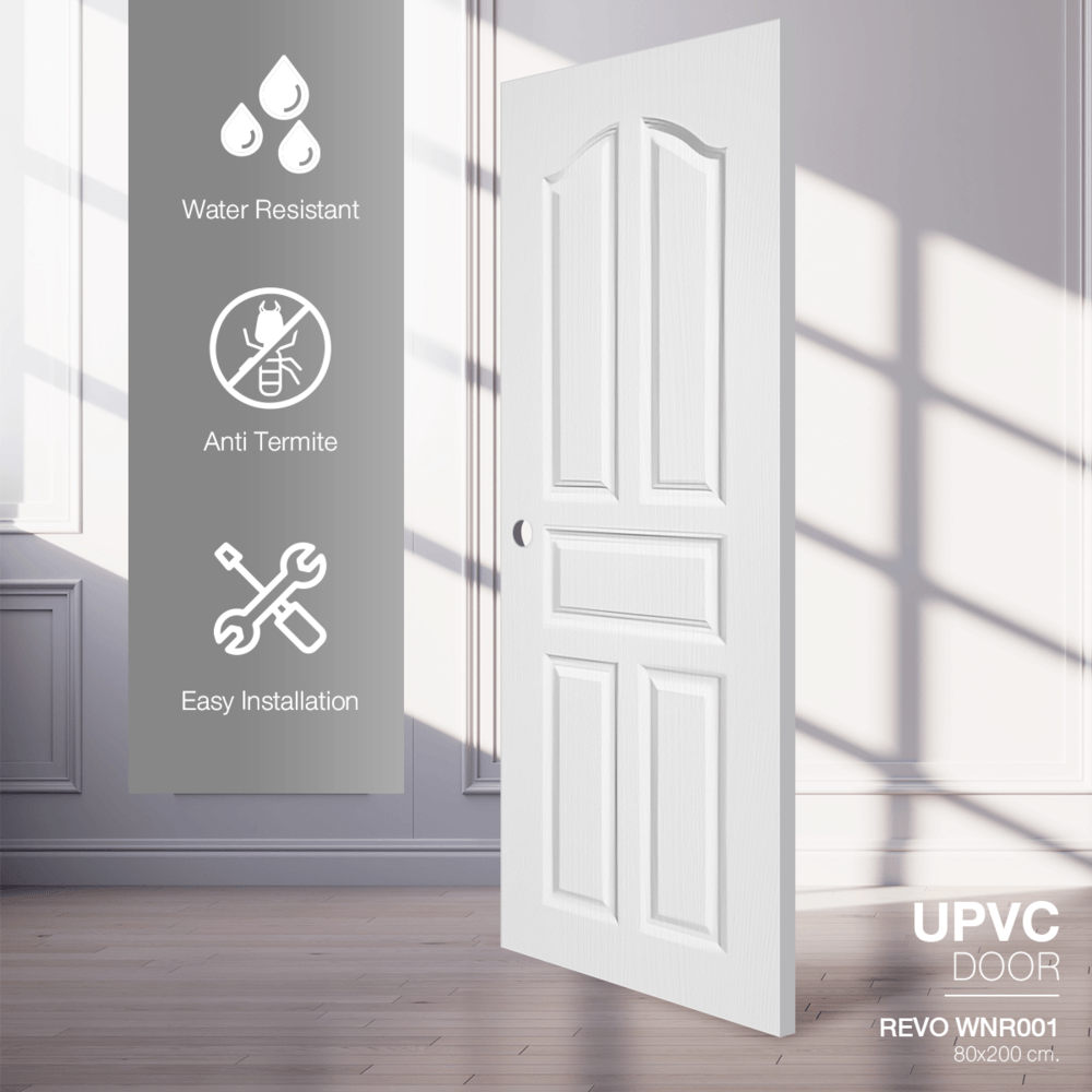 WELLINGTAN ประตู UPVC รุ่น  WT001N (สำหรับใช้ภายนอก) ลูกฟัก ขนาด 80x200 ซม. สีขาว (เจาะลูกบิด)