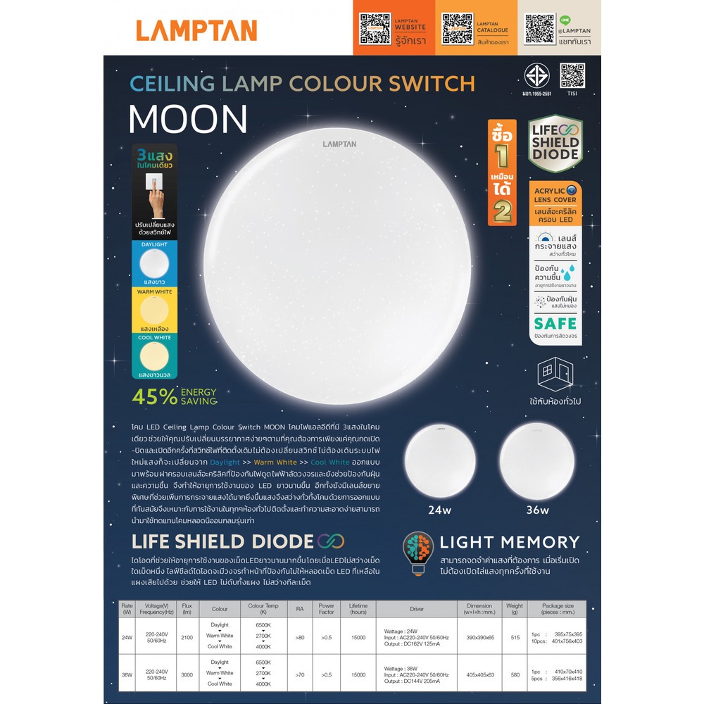 LAMPTAN โคมไฟเพดาน 3 แสง LED 24W รุ่น MOON