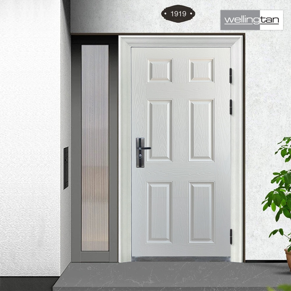 WELLINGTAN ประตูไฟเบอร์กลาส รุ่น P06-K01 80x200 ซม.  สีขาวลายโอ๊ค  (เจาะลูกบิด)