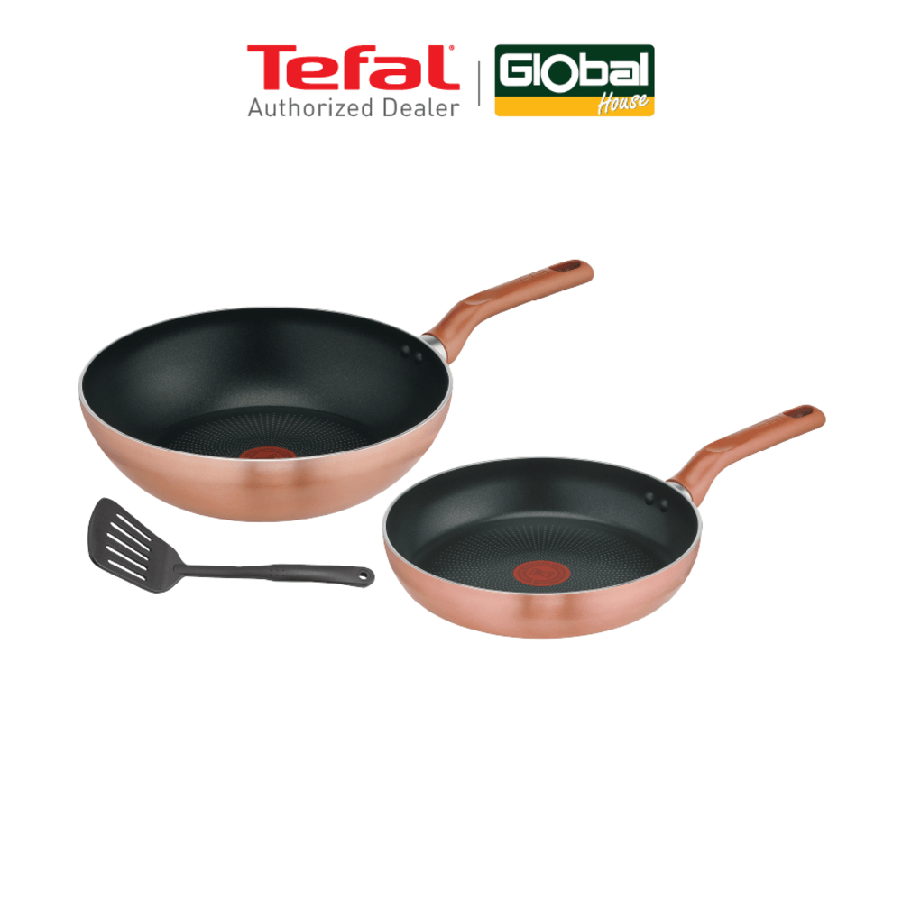 TEFAL G808S395 ชุดเซ็ตกระทะ COOK & SHINE 3 ชิ้น : FRYPAN 24 + WOKPAN 28 + SPATULA