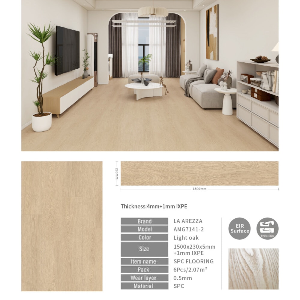 แผ่นปูพื้น SPC Click lock 230x1500x5มม +1มม IXPE  รุ่น AMG7141-2 สี light oak (2.07ตรม./6แผ่น)