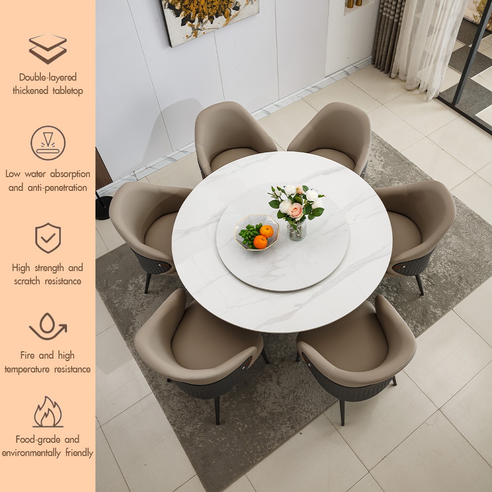 DELICATO ชุดโต๊ะอาหารท็อปลายหินอ่อน 6 ที่นั่ง รุ่น Marblezen ขนาดโต๊ะทรงกลม 135 ซม. ขนาดเก้าอี้ 59x65x83 ซม. สีขาว (1/6)