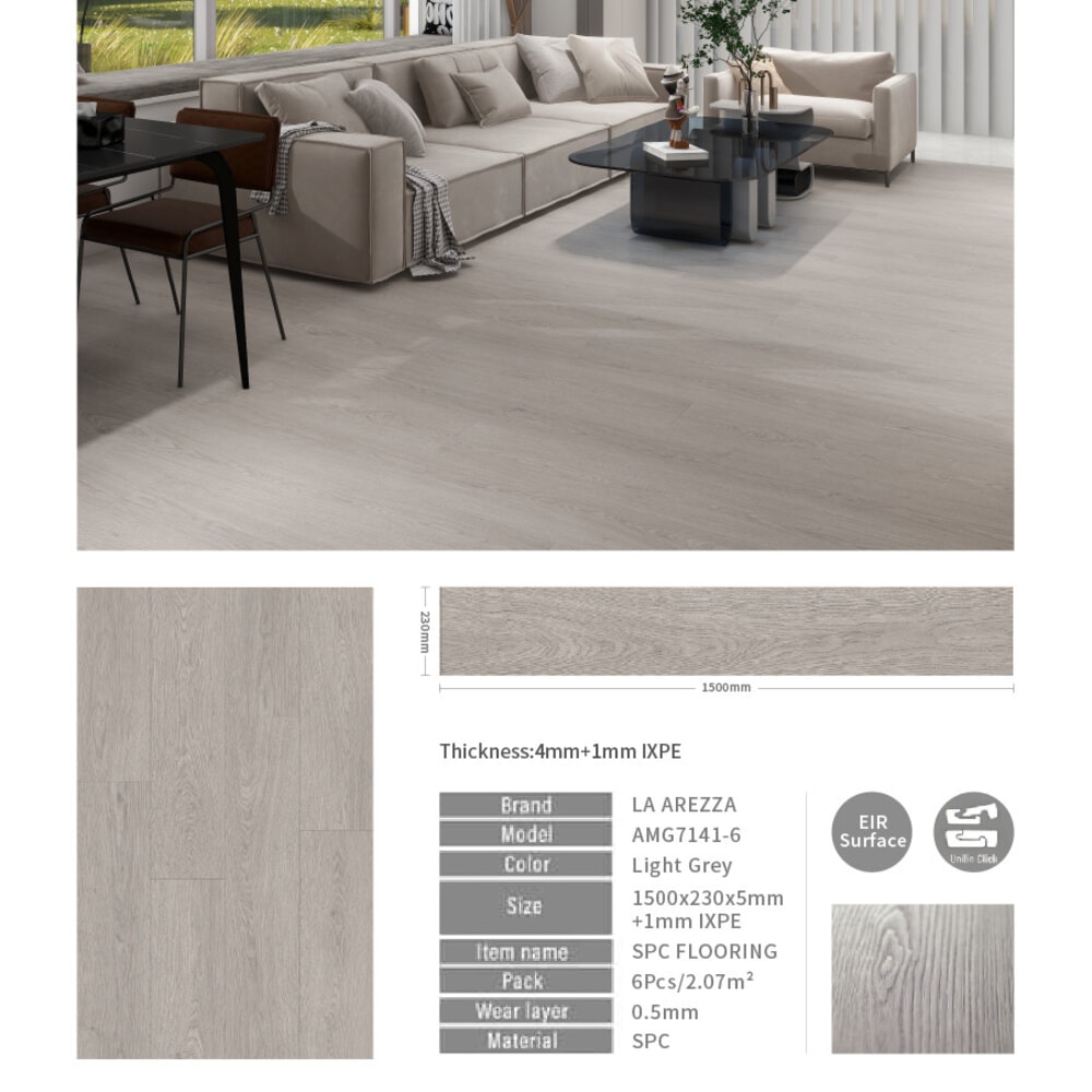 แผ่นปูพื้น SPC Click lock 230x1500x5มม +1มม IXPE  รุ่น AMG7141-6  สี light grey (2.07ตรม./6แผ่น)