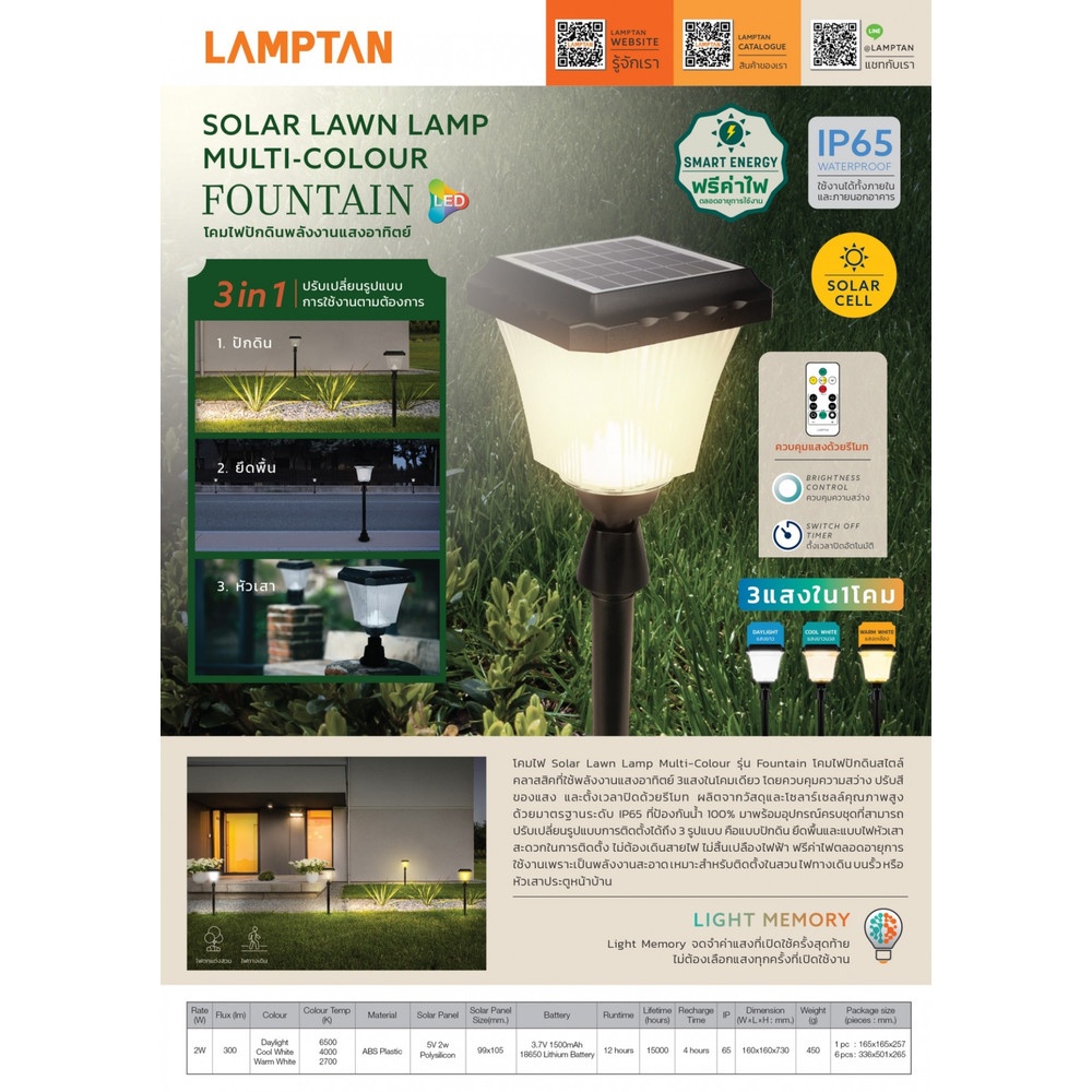 LAMPTAN โคมไฟปักดินโซลาร์เซลล์ LED 2W มัลติคัลเลอร์ รุ่นฟาวเท่น