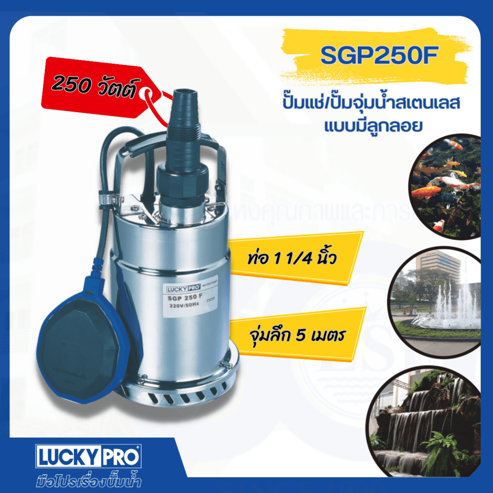 LUCKY PRO ปั๊มจุ่มสเตนเลสพร้อมลูกลอย 250W ท่อ 1 1/4" รุ่น LP-SGP250F