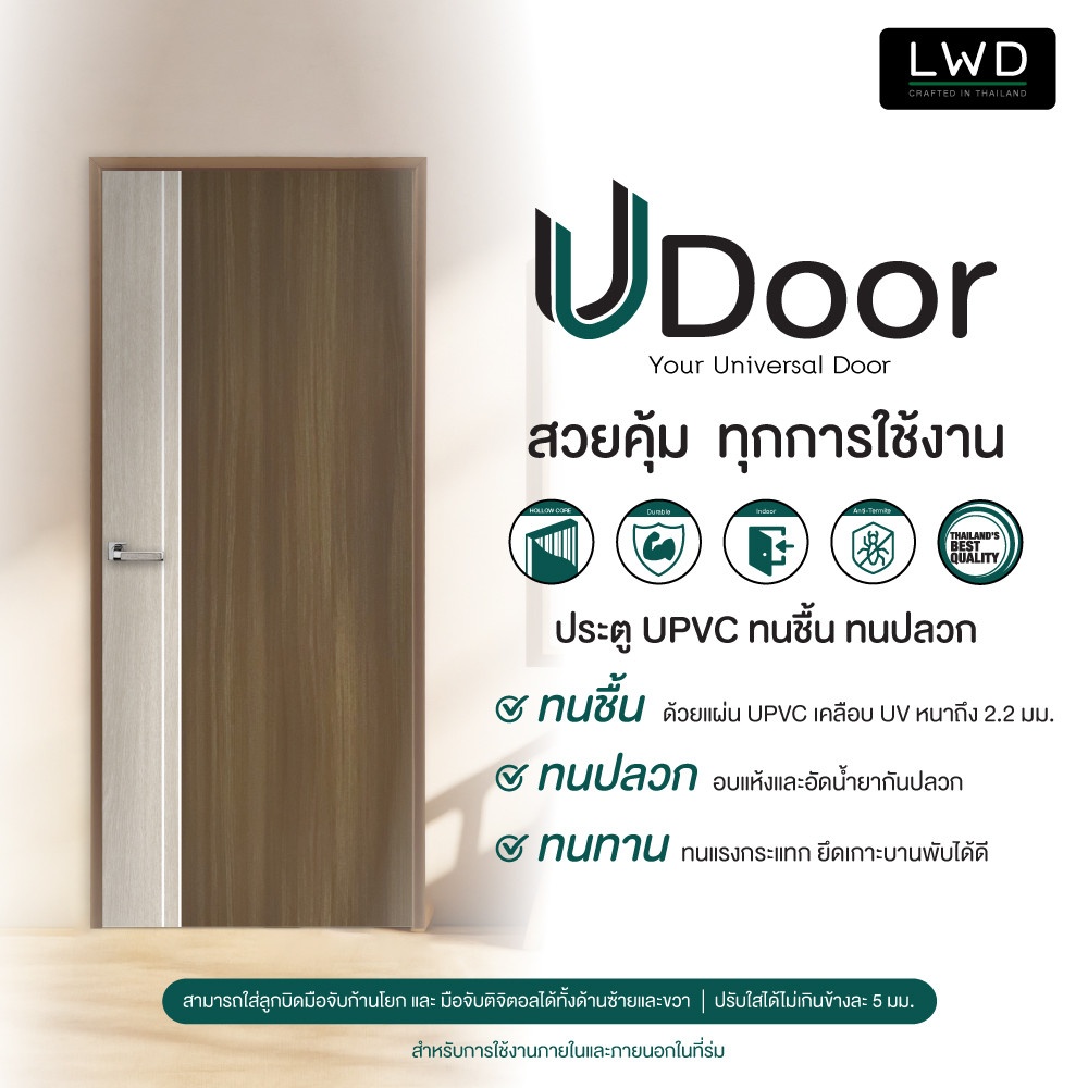 LWD ประตู UDoor UPVC สี Tango + Brownie Oak ยาแนวสีขาว ขนาด 3.5x80x200 ซม.