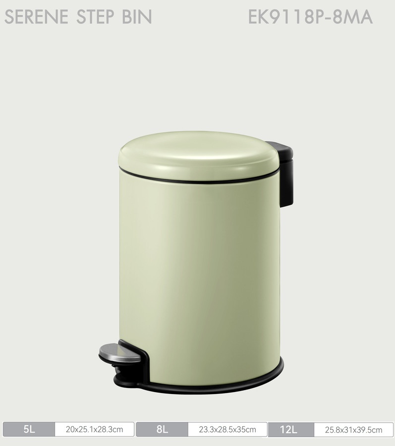 EKO ถังขยะเหล็กเคลือบขาเหยียบทรงกลม 8 ลิตร รุ่น SERENE EK9118P-8MA ขนาด 23.30x28.60x35 ซม. สีเขียวอ่อน