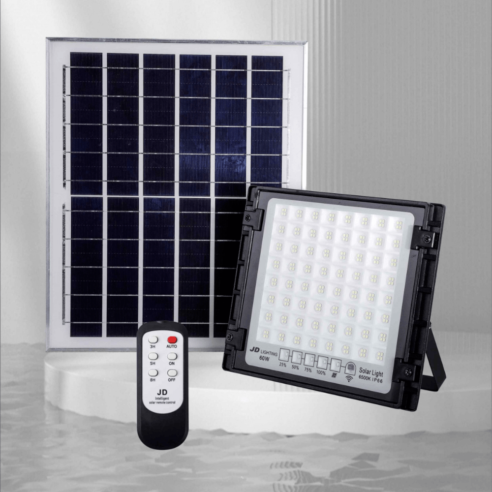 JD โคมไฟสปอร์ตไลท์โซลาร์เซลล์ 60W พร้อมรีโมท รุ่นJDTGD-8860W+รีโมท IP65 แสงวอร์มไวท์