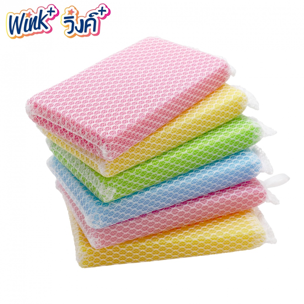 Wink Plus ฟองน้ำล้างจานหุ้มตาข่าย แพ็ค 6 ชิ้น (ฟรี 2 ชิ้น) ขนาด 15.5x8 ซม. คละสี