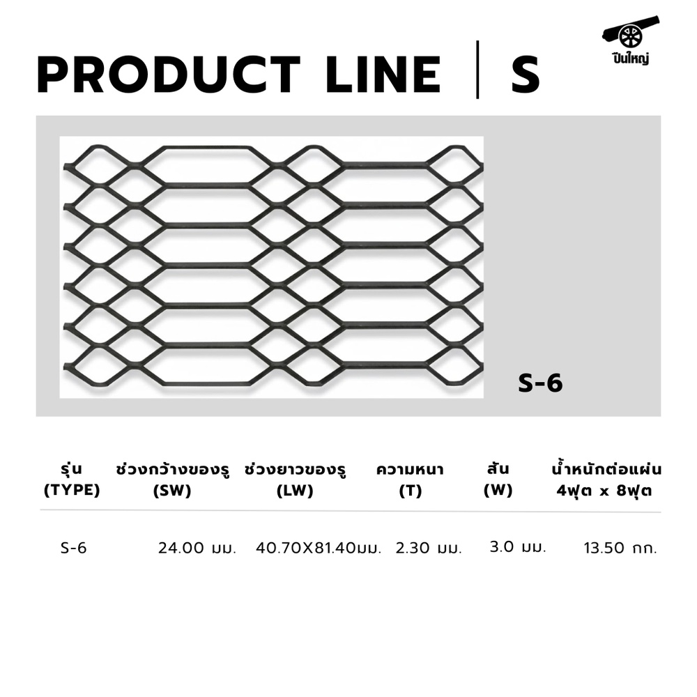 ปืนใหญ่ ตะแกรงเหล็กฉีก S-6 ขนาด 120 x 240 ซม สีดำ