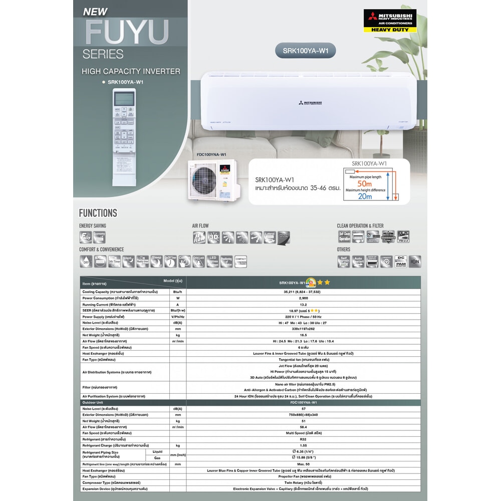 MITSUBISHI HEAVY DUTY เครื่องปรับอากาศ Super Deluxe Inverter ขนาด 35211 BTU SRK100YA-W1 คอยล์เย็น