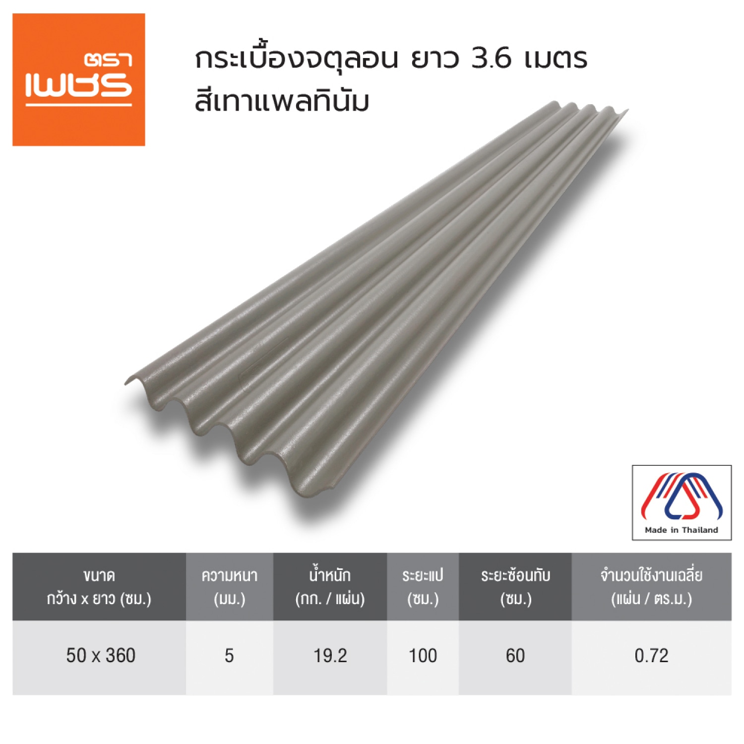 ตราเพชร กระเบื้องหลังคาจตุลอน 0.50x50x360ซม. สีเทาแพลทินัม