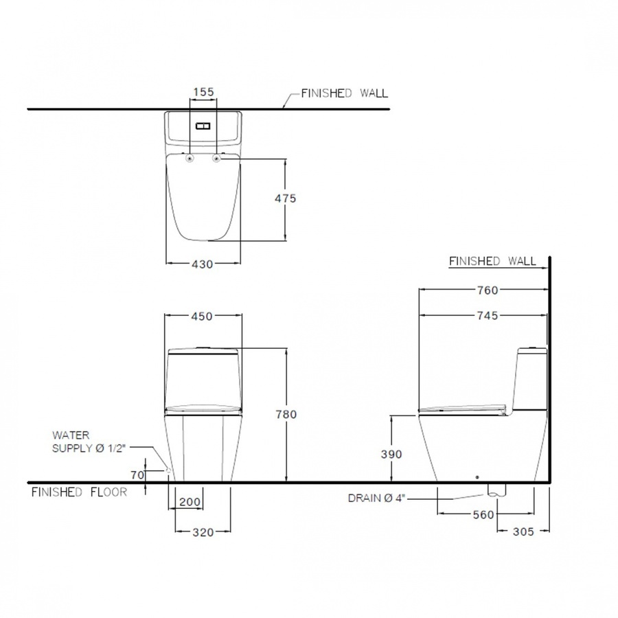 COTTO สุขภัณฑ์สองชิ้นแบบกดบน  รุ่น Hercules Curve C135107 ขนาด