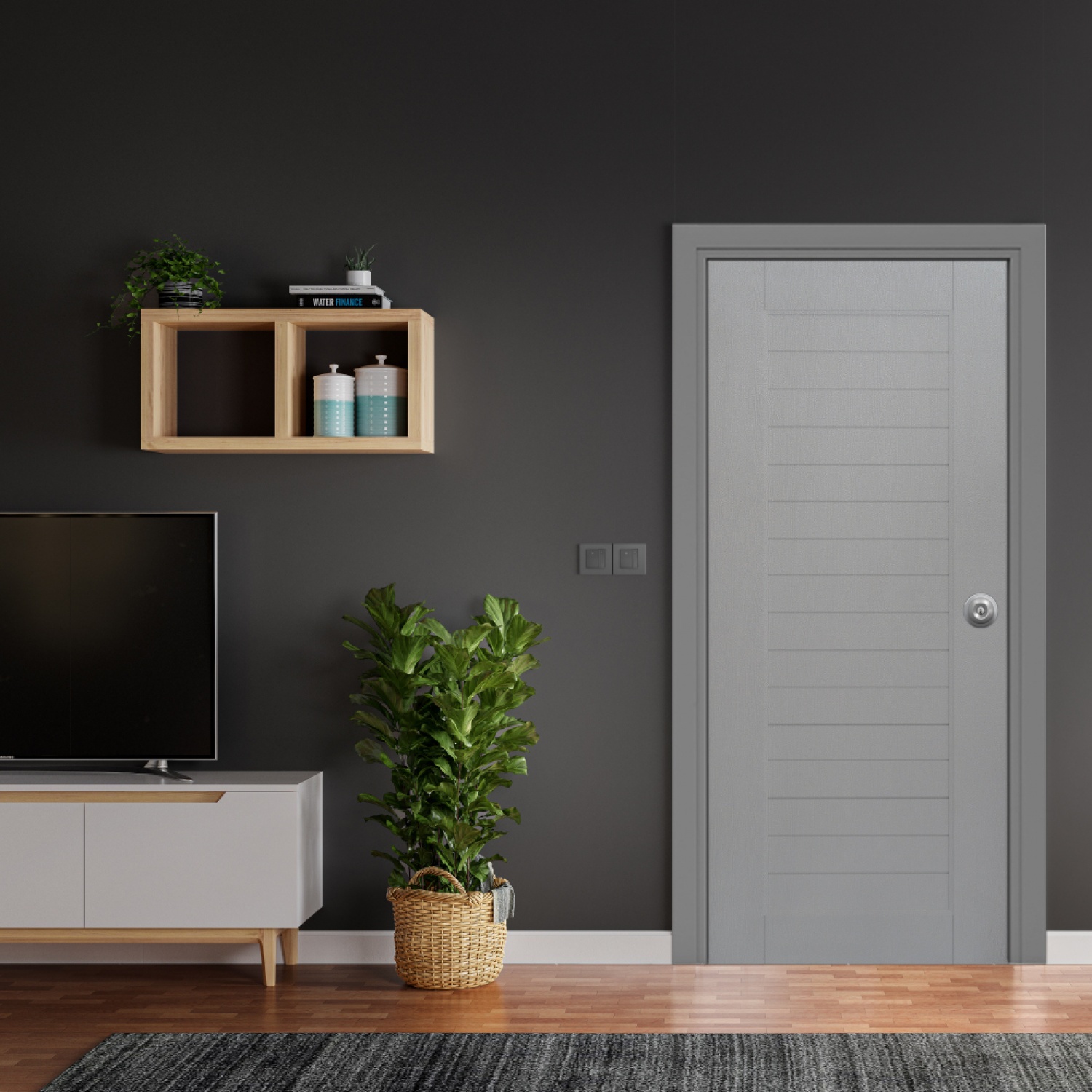 WELLINGTAN ประตู uPVC  ภายนอก แว๊คร่อง ผิว Revo รุ่น WBR006 ขนาด 80x200 ซม. สีเทา (เจาะรูลูกบิด)