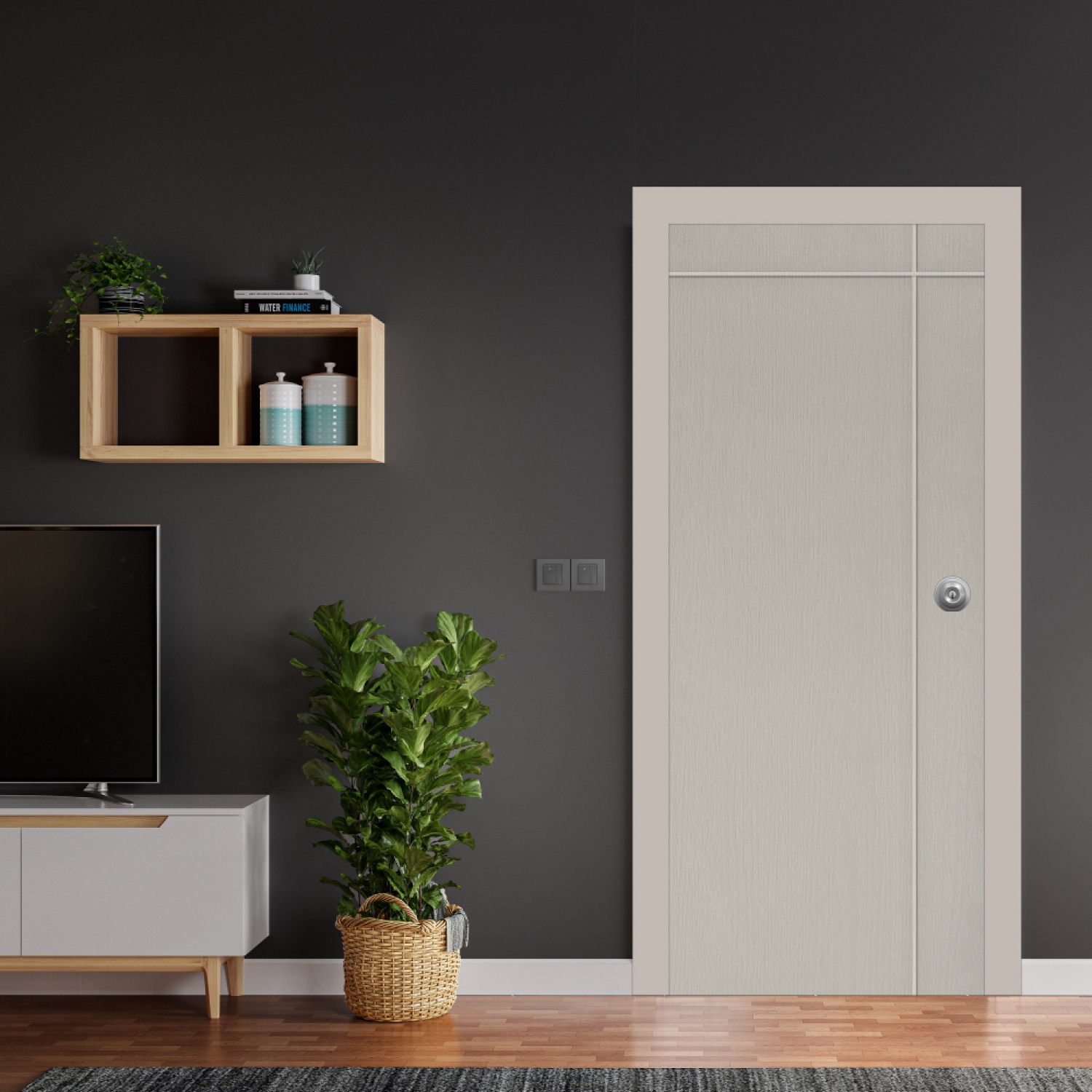 WELLINGTAN ประตู UPVC ผิว Revo เซาะร่องเส้นตั้ง 1 เส้น เส้นนอน 1 เส้น รุ่น PRM002 ขนาด 80x200 ซม. สีเบจ (ไม่เจาะลูกบิด)