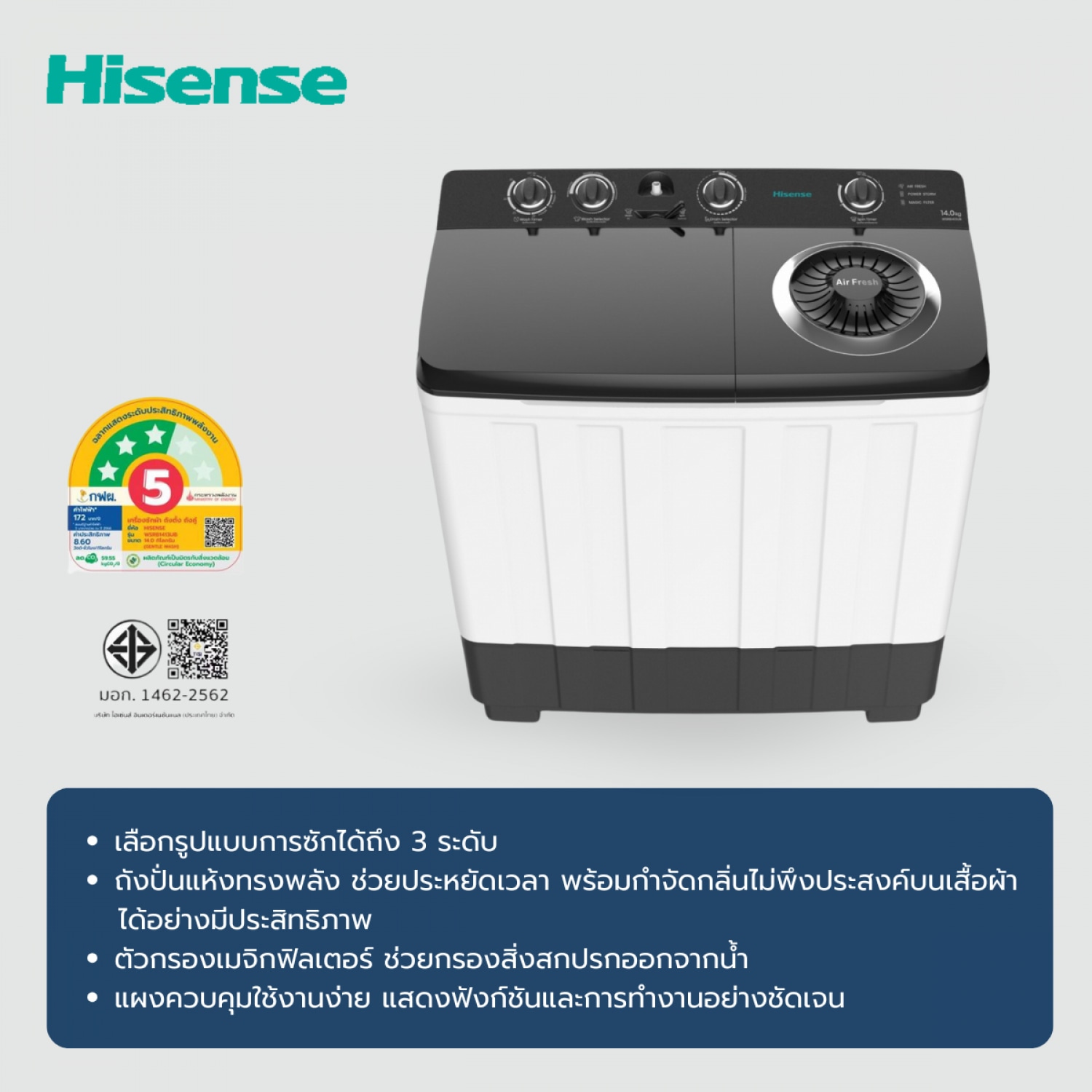 HISENSE เครื่องซักผ้า 2 ถัง ขนาด 14 กก รุ่น WSRB1413UB สีเทา