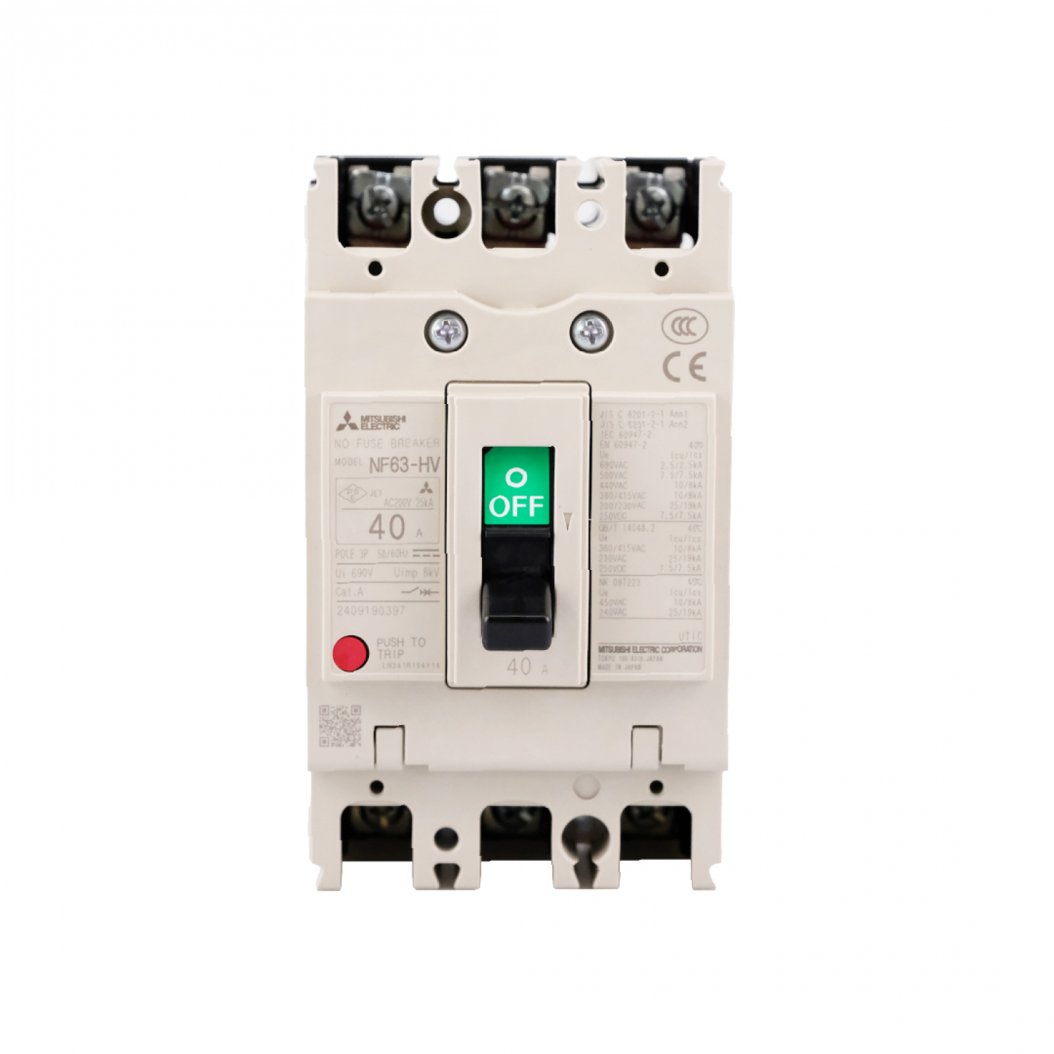 MITSUBISHI สวิตช์ตัดตอน  BREAKER NF63 MITSUBISHI HV10/40 380 V Model NF63HV-3P40A-MT