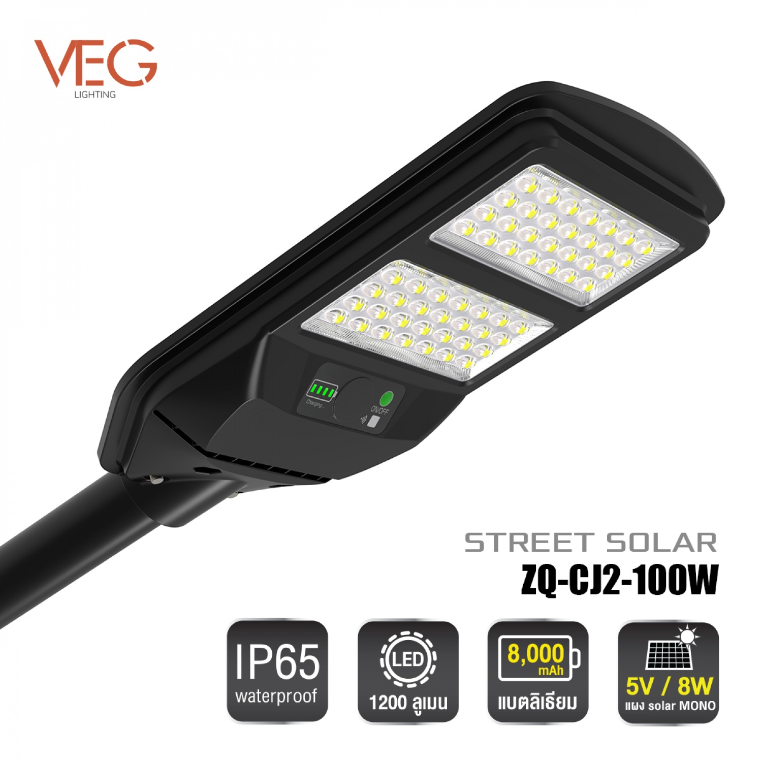 V.E.G. lighting โคมไฟถนนโซล่าเซลล์ 100W แสงขาว รุ่น ZQ-CJ2 สีดำ
