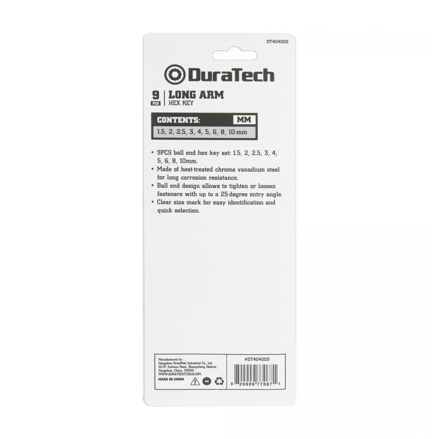 Duratech ชุดปะแจแอลหกเหลี่ยม  9 ชิ้น แบบสั้น (เมตริก) รุ่น DT404009