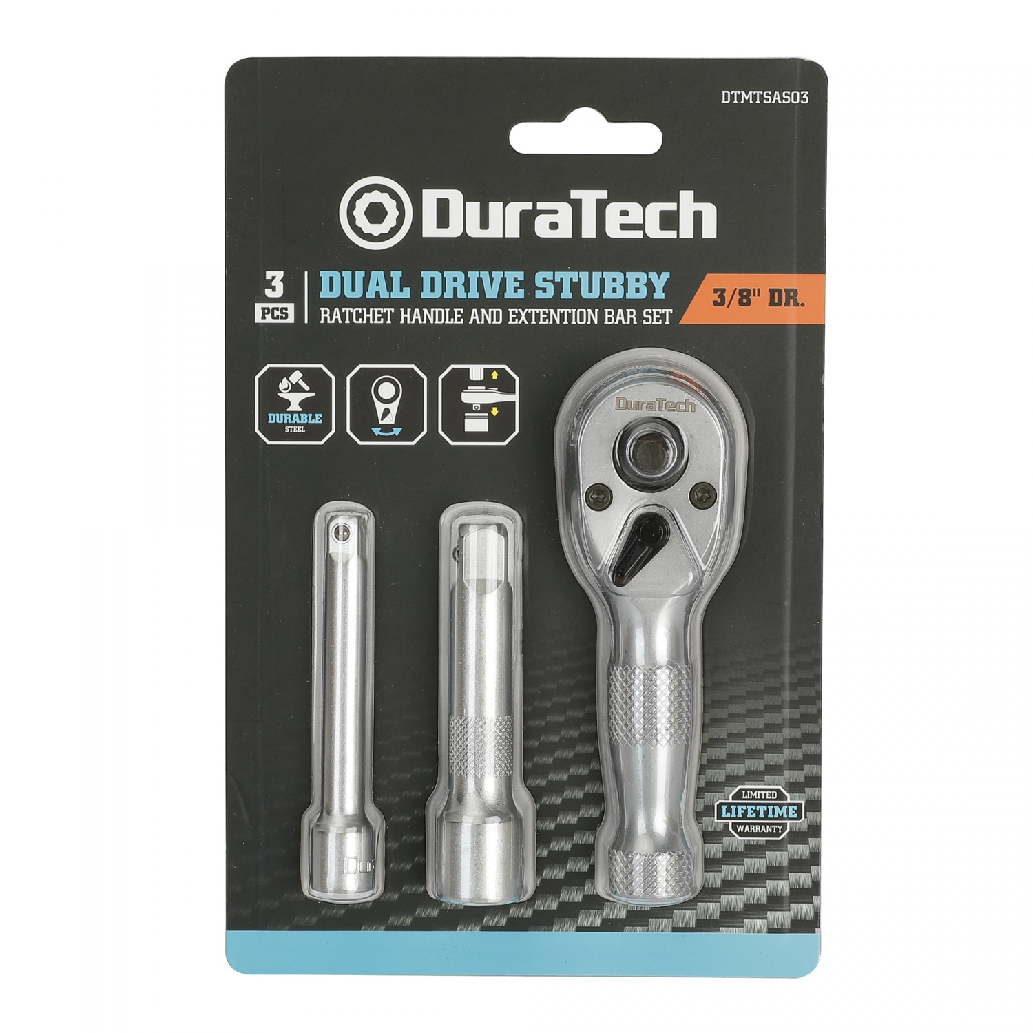 Duratech ด้ามบ๊อกซ์ ( ด้ามฟรี ) พร้อมข้อต่อ 3 ชิ้น หัวคู่แบบสั้น ขนาด 3/8 นิ้ว รุ่น DTMTSAS03