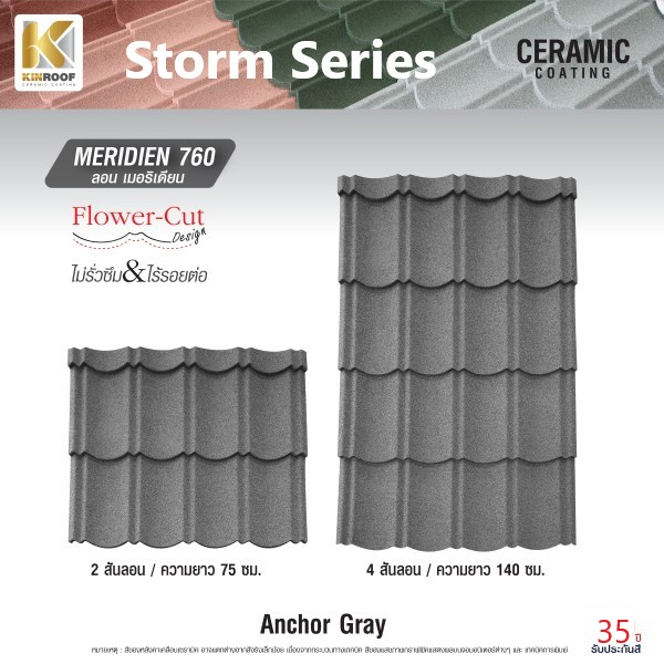 KINROOF หลังคาเหล็กเคลือบเซรามิก STORM ลอนเมอริเดียน 760 ขนาด 85x100x0.4 ซม.(เม็ดปกติ) สี Anchor Gray