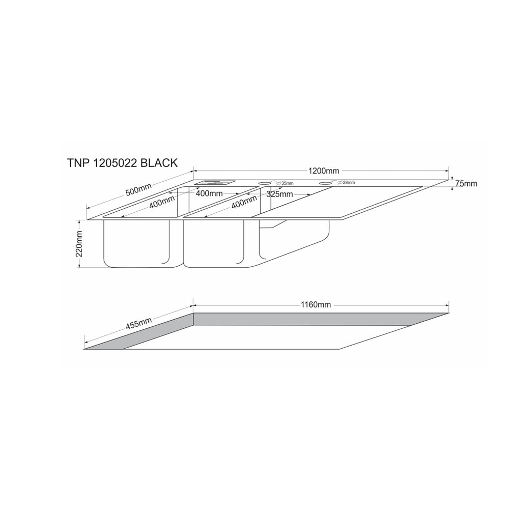 TECNOPLUS อ่างล้างจาน 2 หลุม 1 ที่พัก สีดำ รุ่น TNP 1205022 BLACK